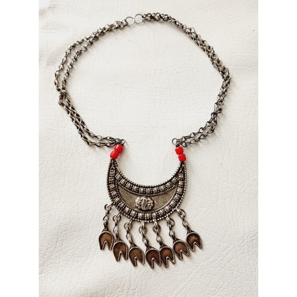 Omani Pendant Amulet Sterling Silver Tribal Coral Glass Beads 18" 41g - Picture 2 of 8